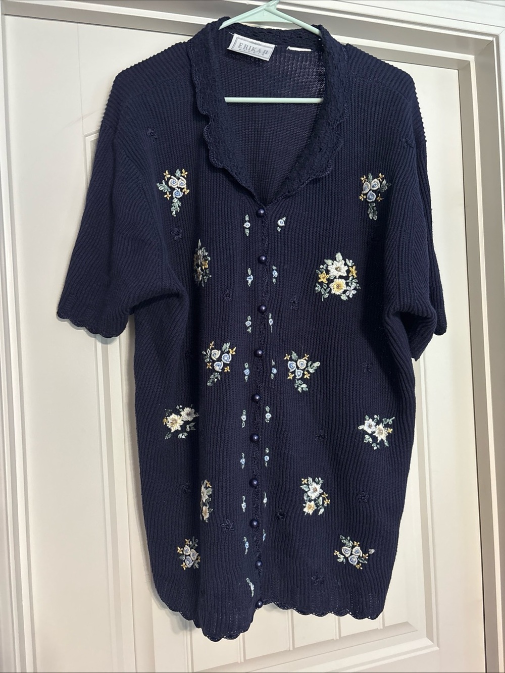 Erika II Sweater Women Large Blue Ramie Embroidery Floral Crochet Collar